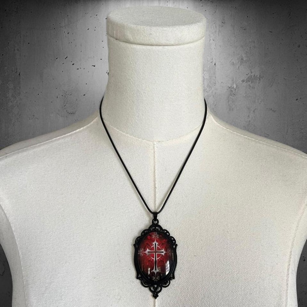 Gothic Vampire Cross Pendant Filigree Framed Statement Necklace